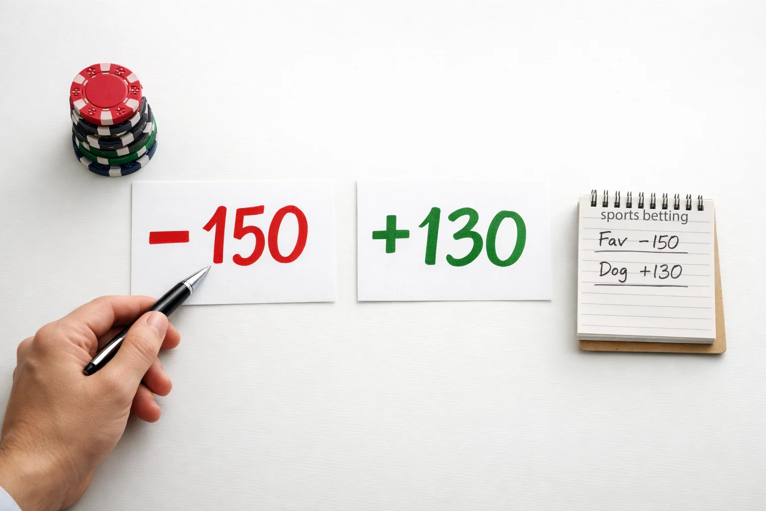 Visual explanation of American odds showing plus and minus signs with betting examples