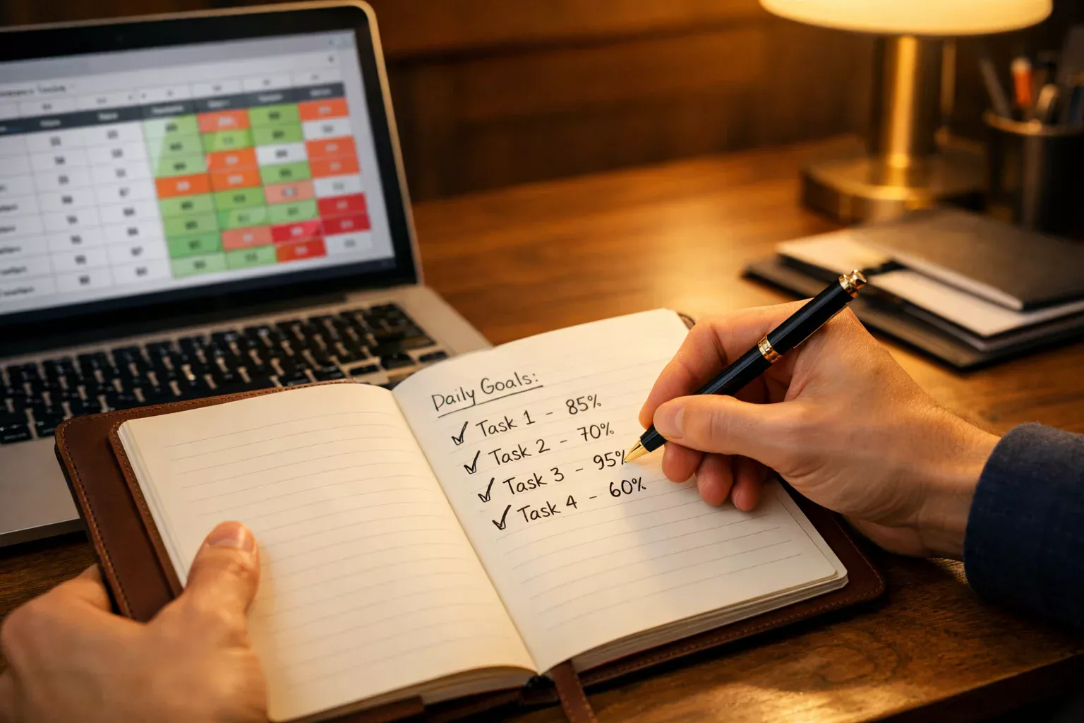 Hands writing notes in journal with laptop showing betting performance spreadsheet for disciplined bankroll tracking