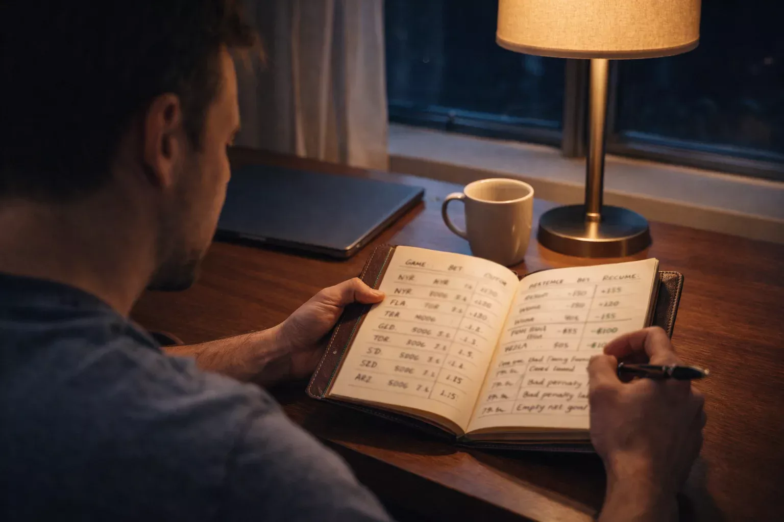 Sports bettor reviewing handwritten notes and game analysis after session