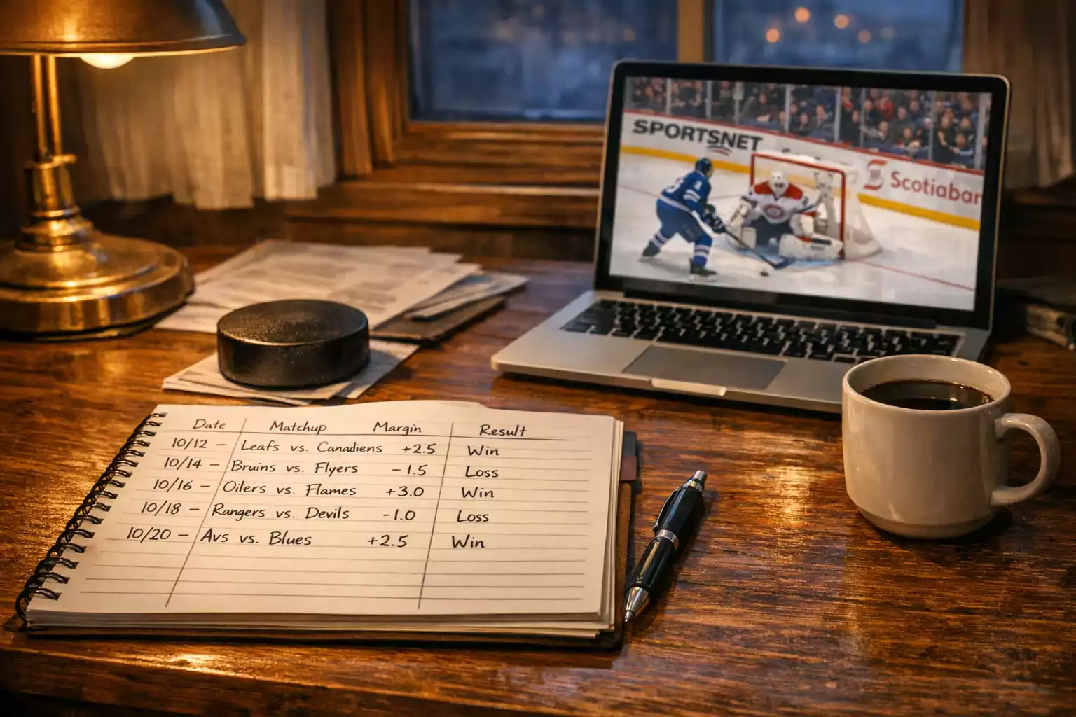 Person reviewing hockey game statistics and betting results with notes