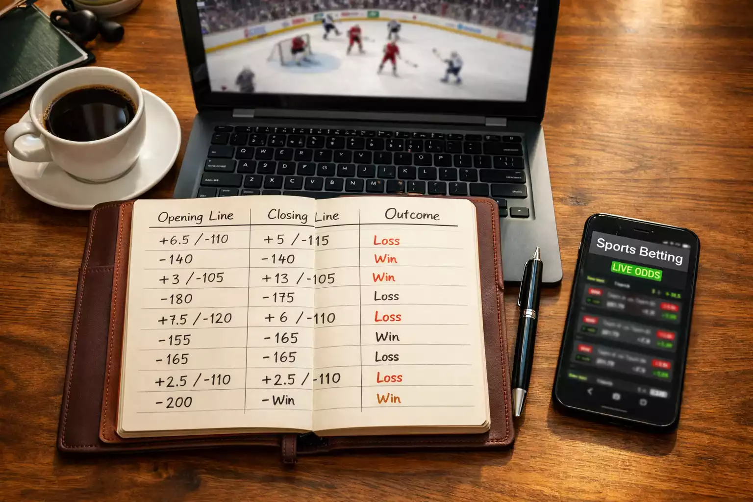 Person analyzing hockey betting data and tracking results in notebook