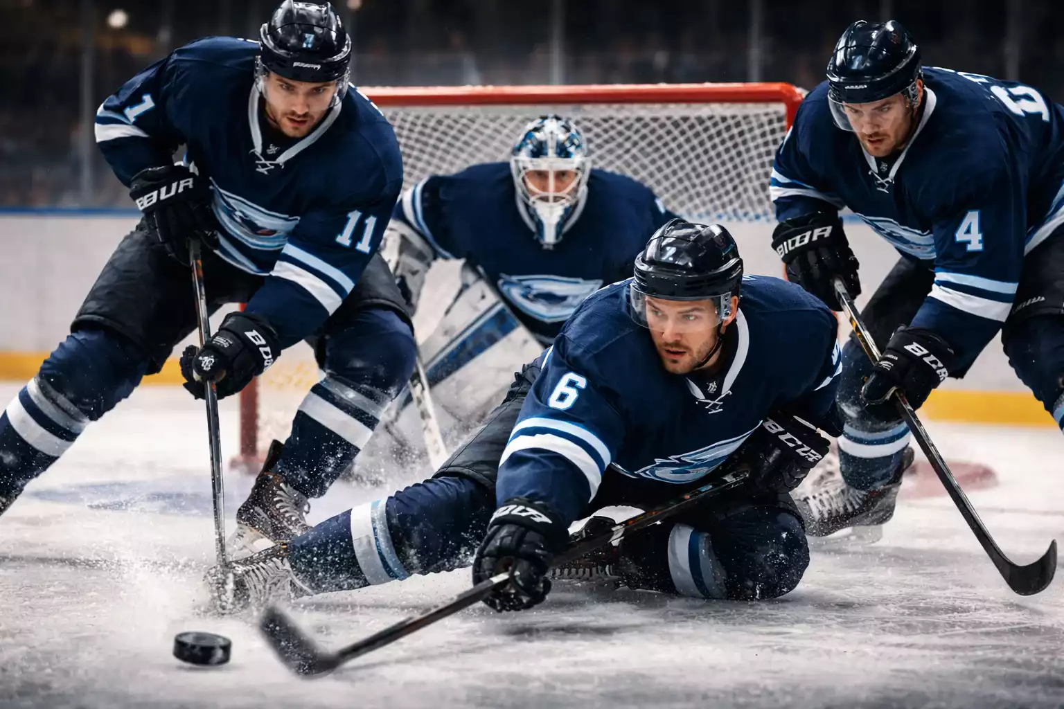 Hockey defensive formation with players blocking shots in front of goaltender