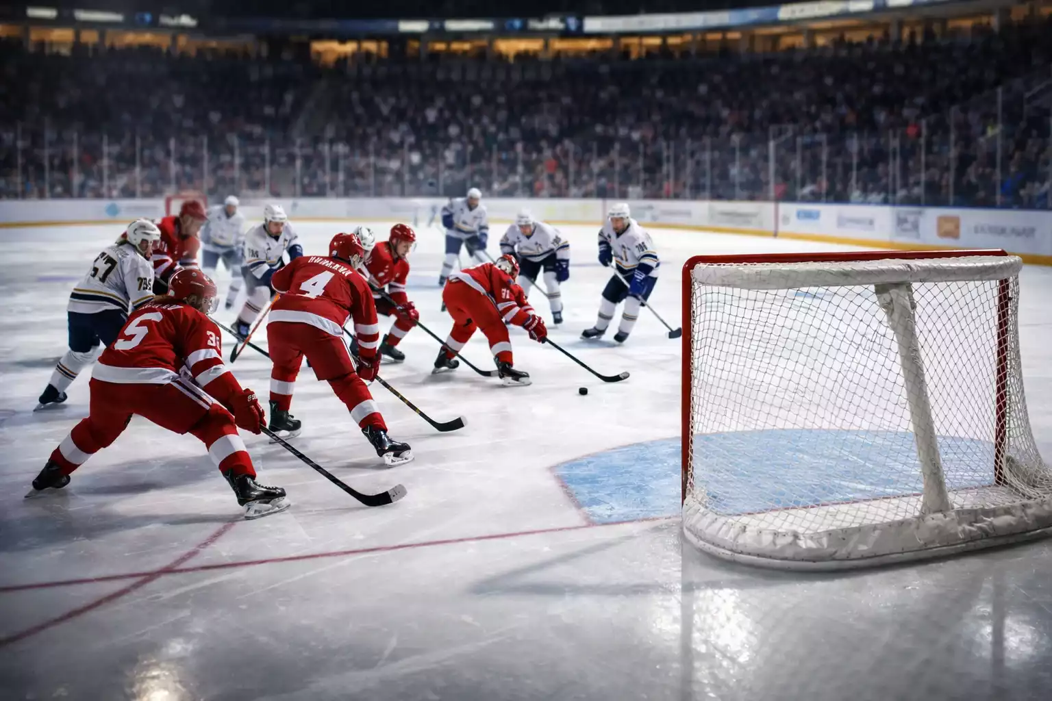 Hockey team with pulled goalie creating six-on-five advantage near empty net