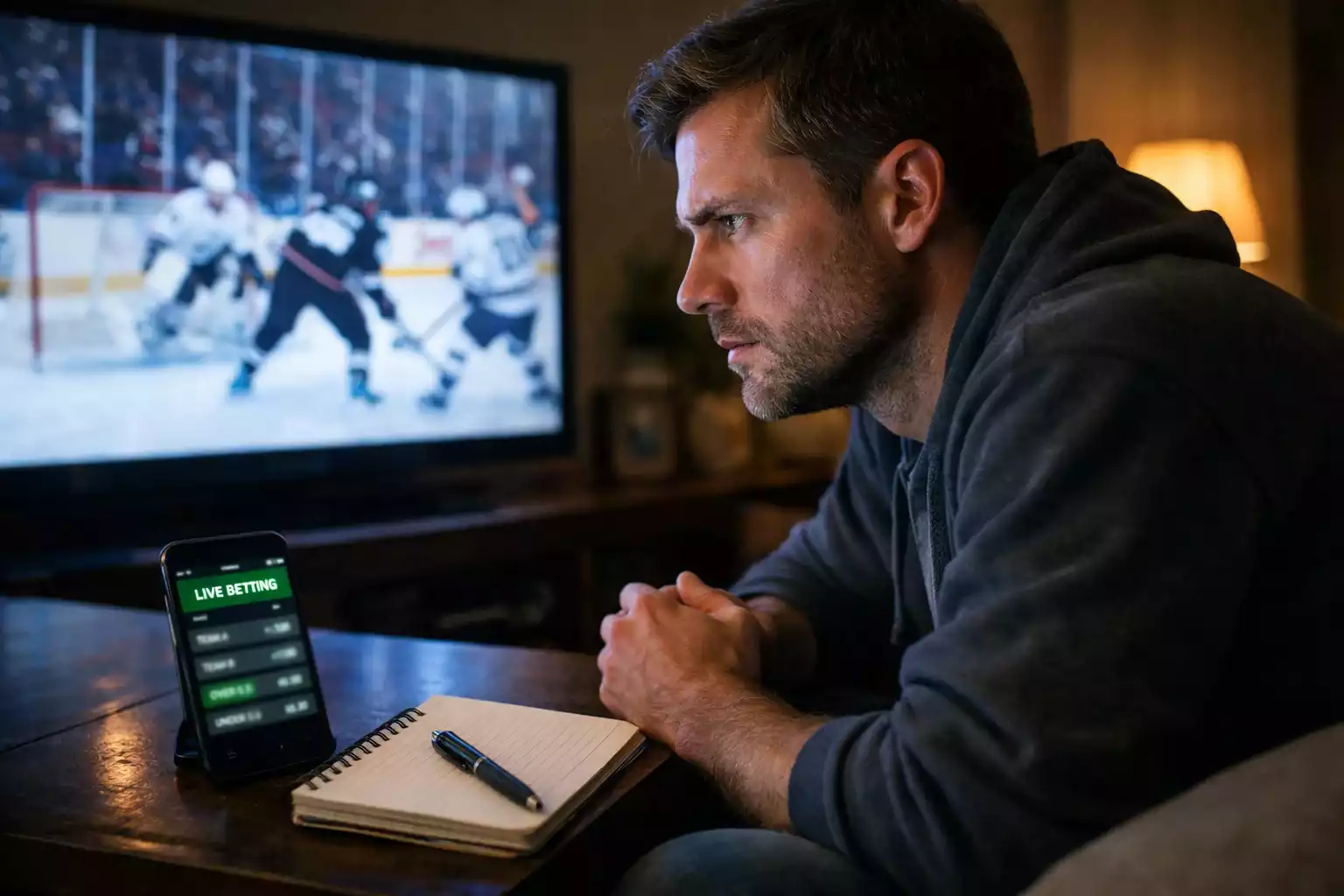 Focused sports bettor intently watching hockey game on television screen