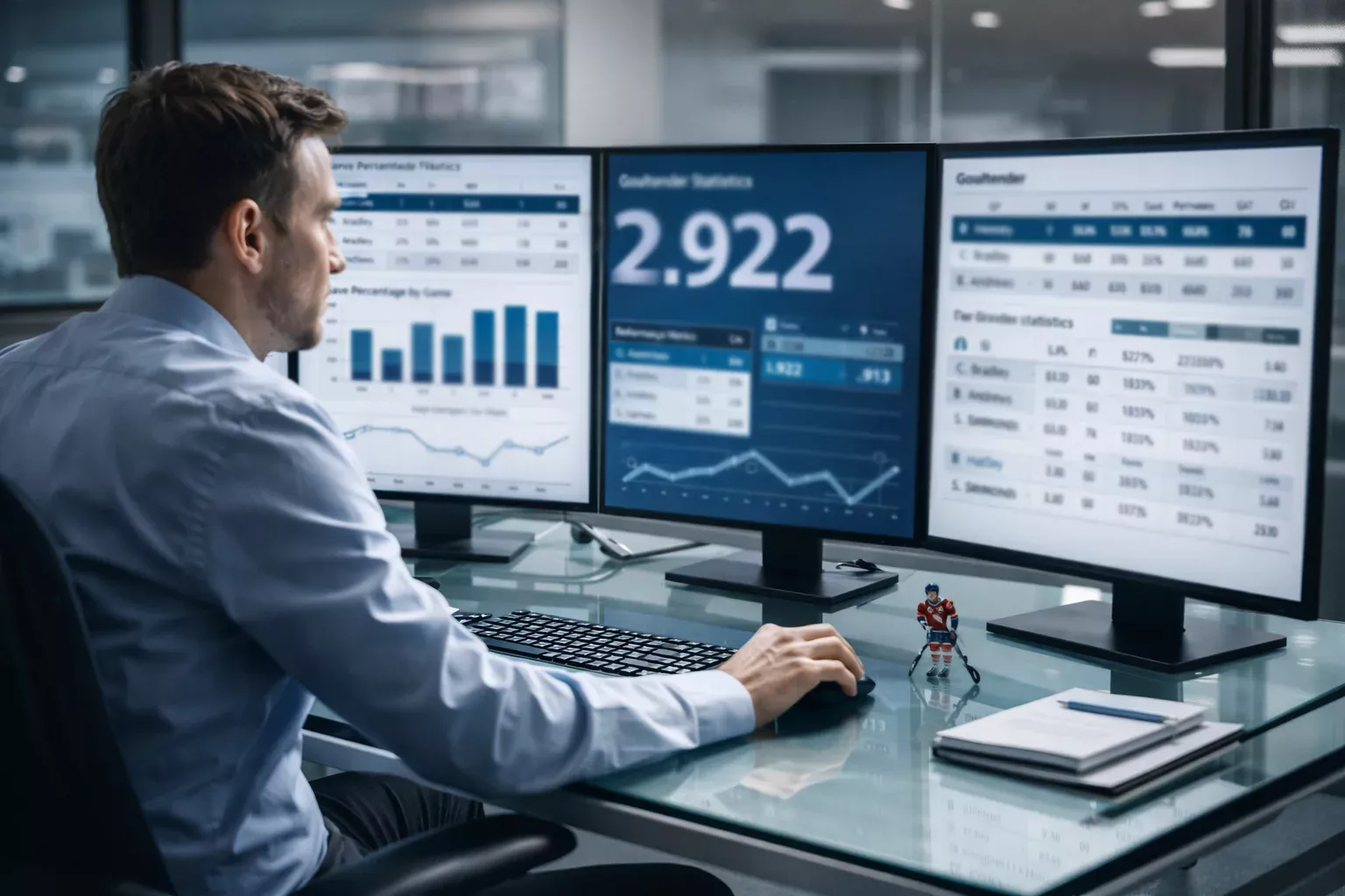 Sports analyst reviewing goaltender performance statistics on computer display