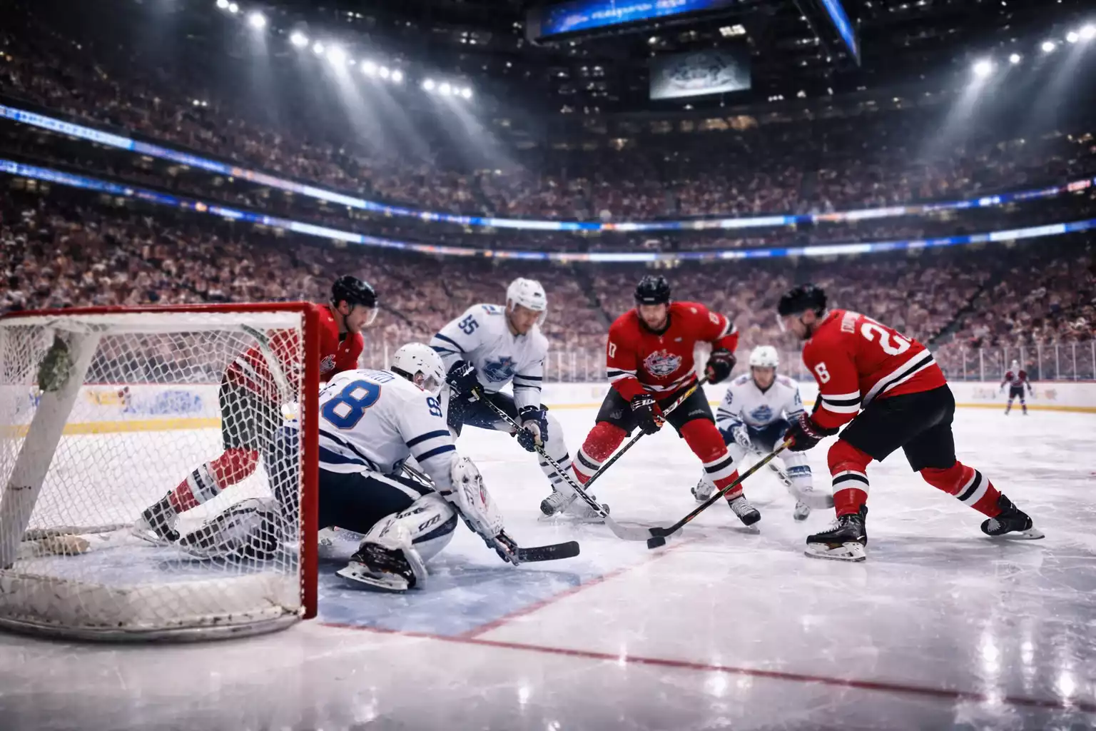 Professional NHL hockey arena during live game with dramatic lighting and players in action