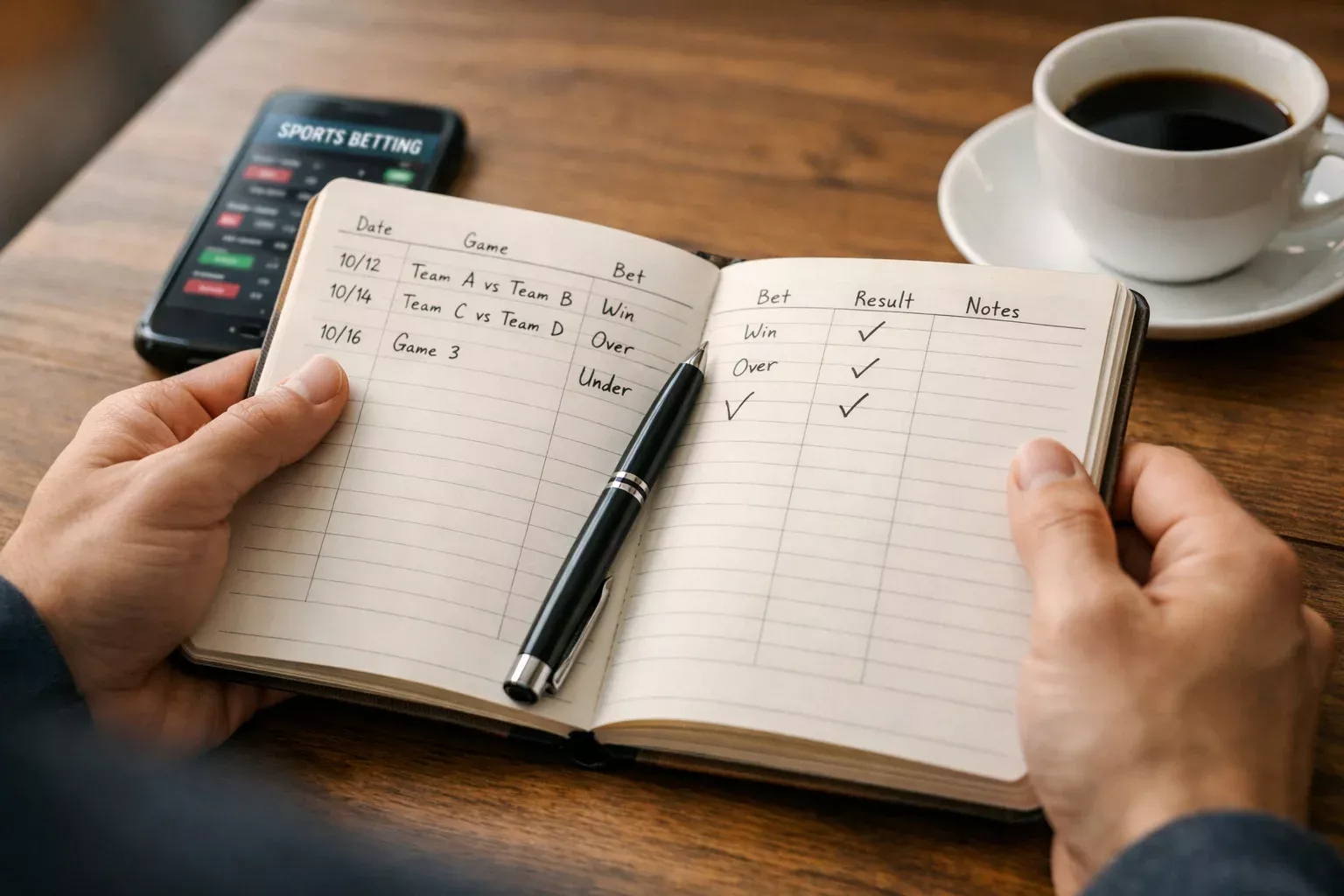 Sports bettor reviewing betting results and notes in notebook