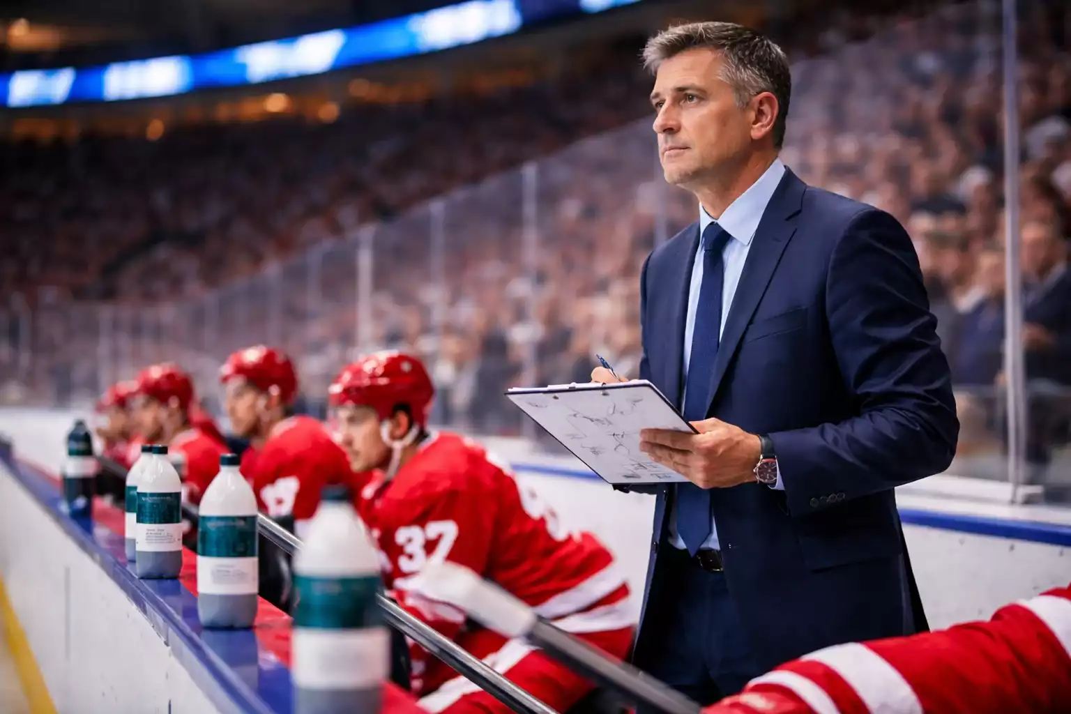 Hockey coach making lineup decisions at team bench during game