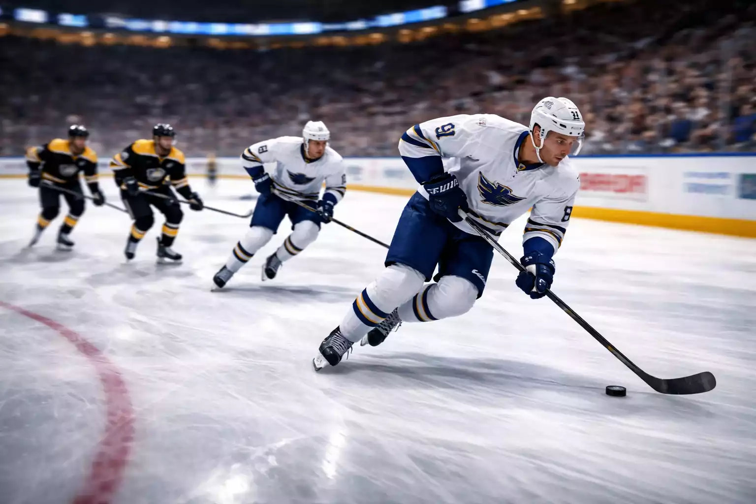Hockey players battling for puck control during momentum shift in game