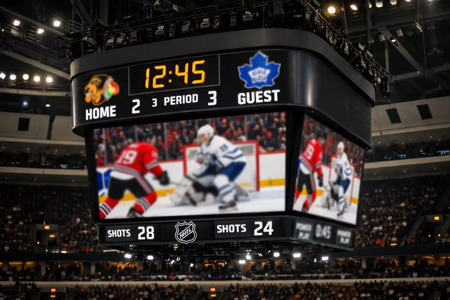 Hockey arena scoreboard showing period and game time information