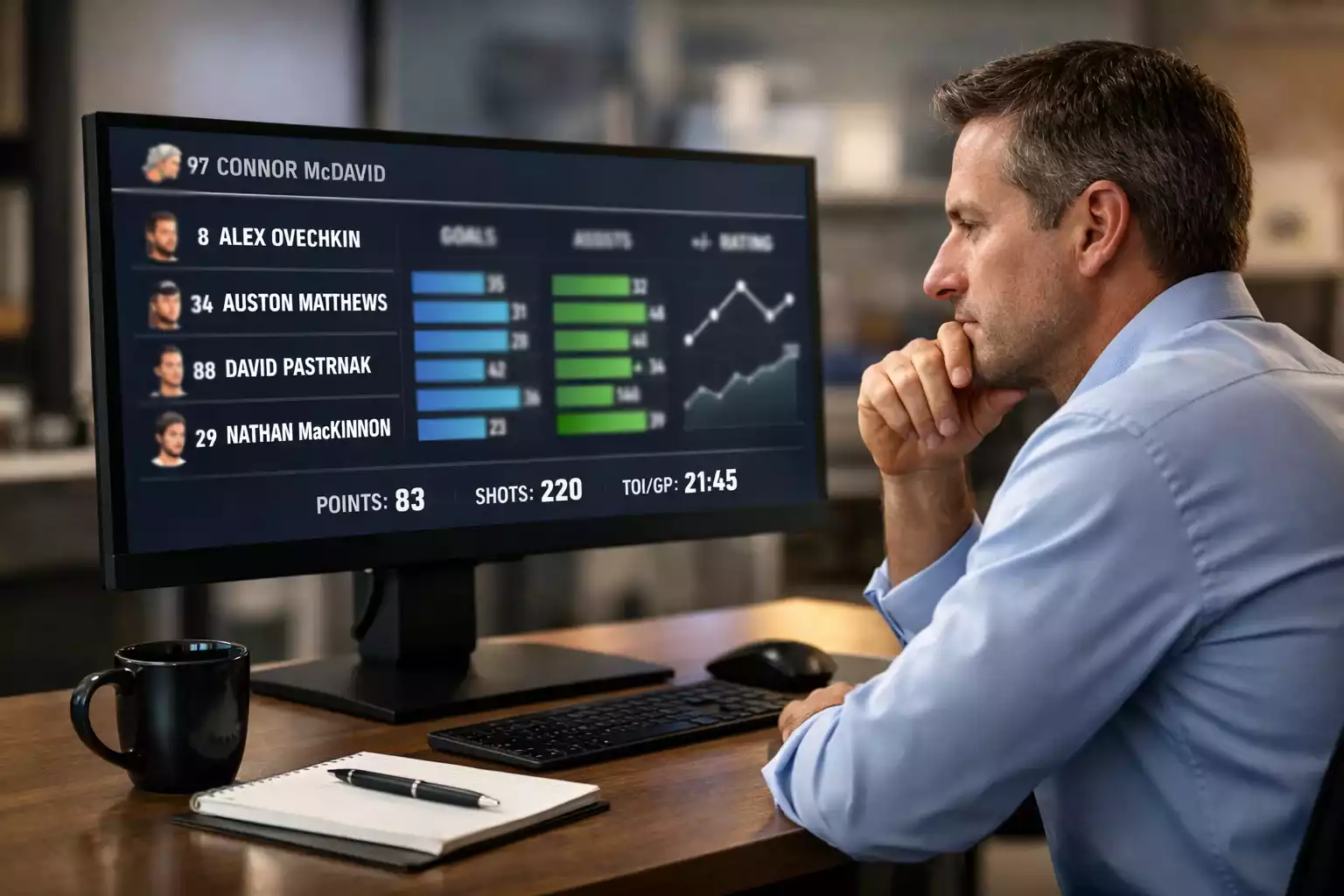 Hockey analyst reviewing player statistics on computer screen