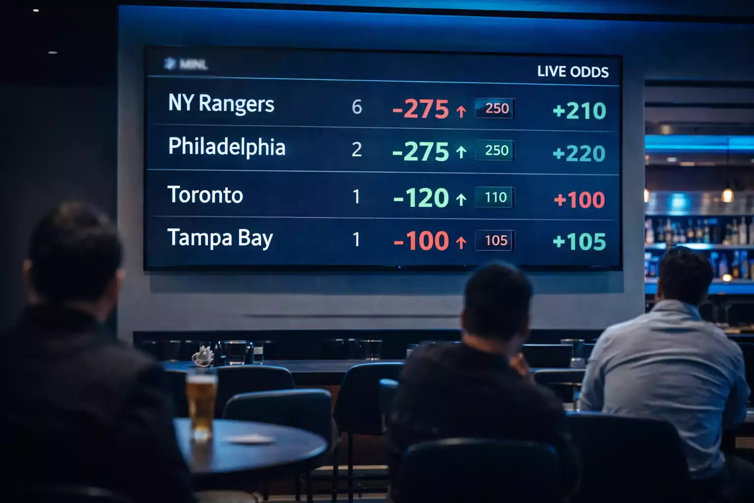 Sports betting display showing live updating NHL odds and prices