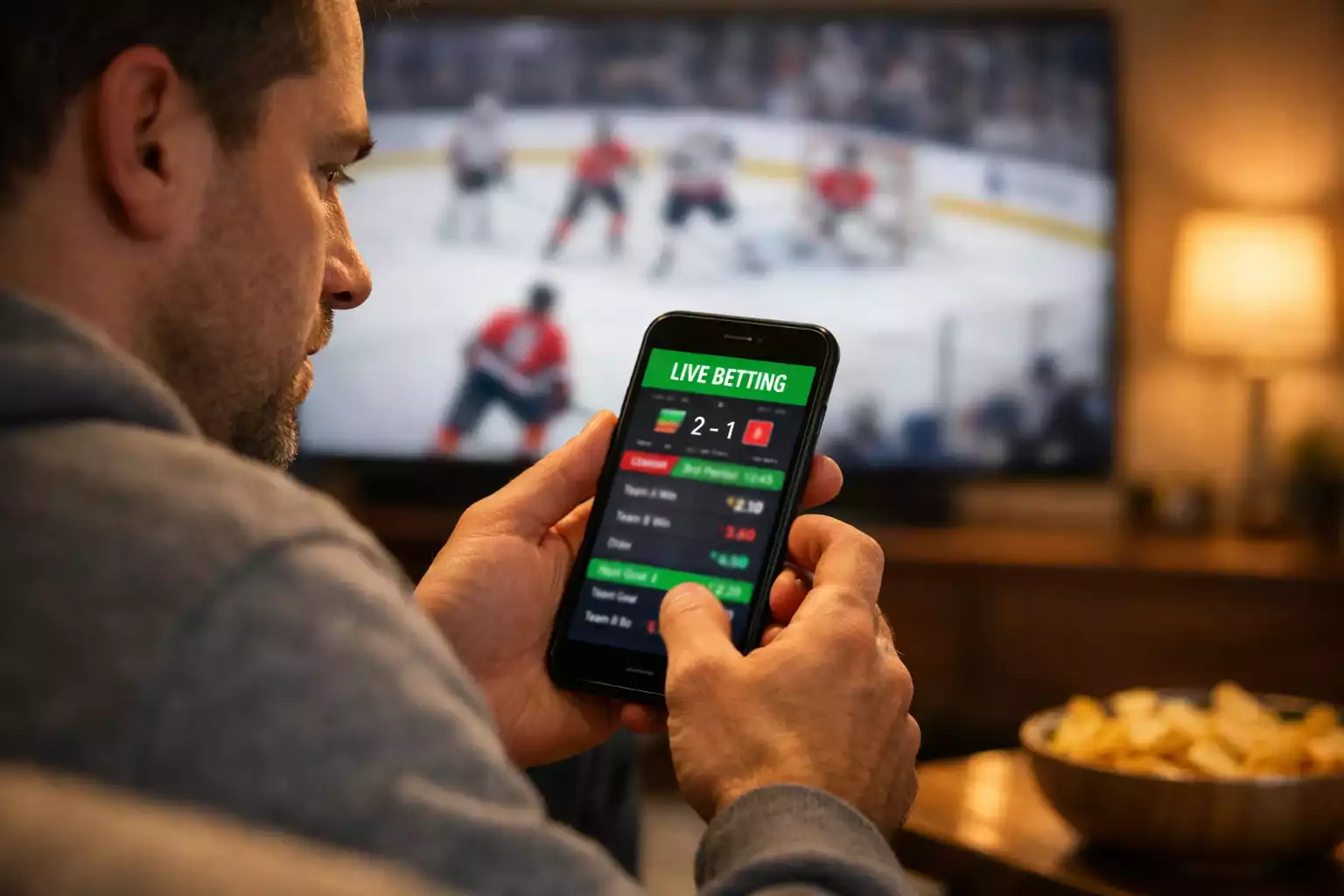 Sports fan engaged in live betting on smartphone while watching NHL game on TV at home