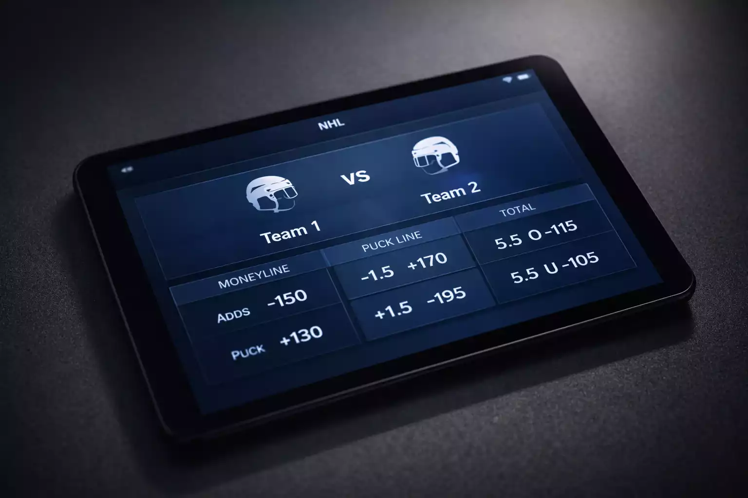 Digital tablet displaying modern NHL betting interface with game matchup and betting options