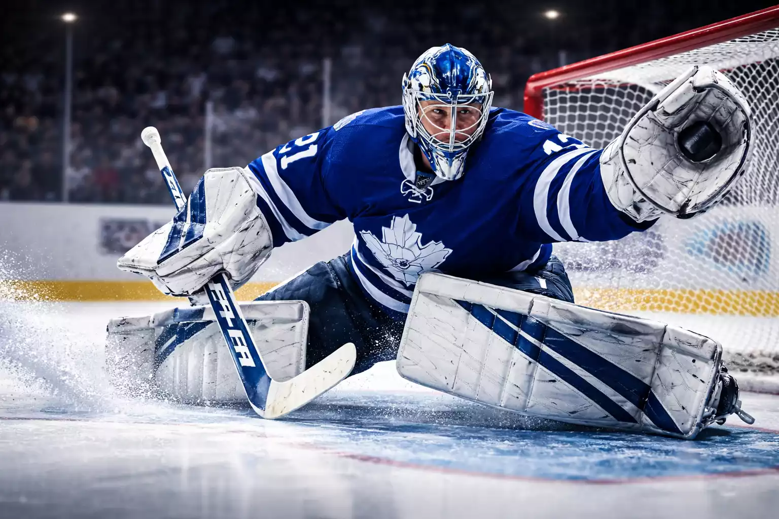 NHL goaltender making a save during professional hockey game