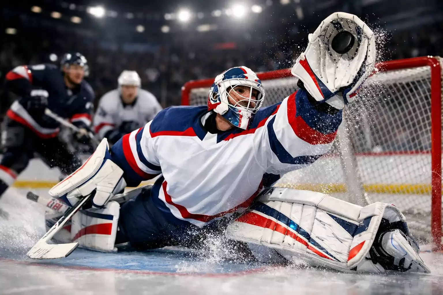 NHL goaltender making athletic save during hockey game
