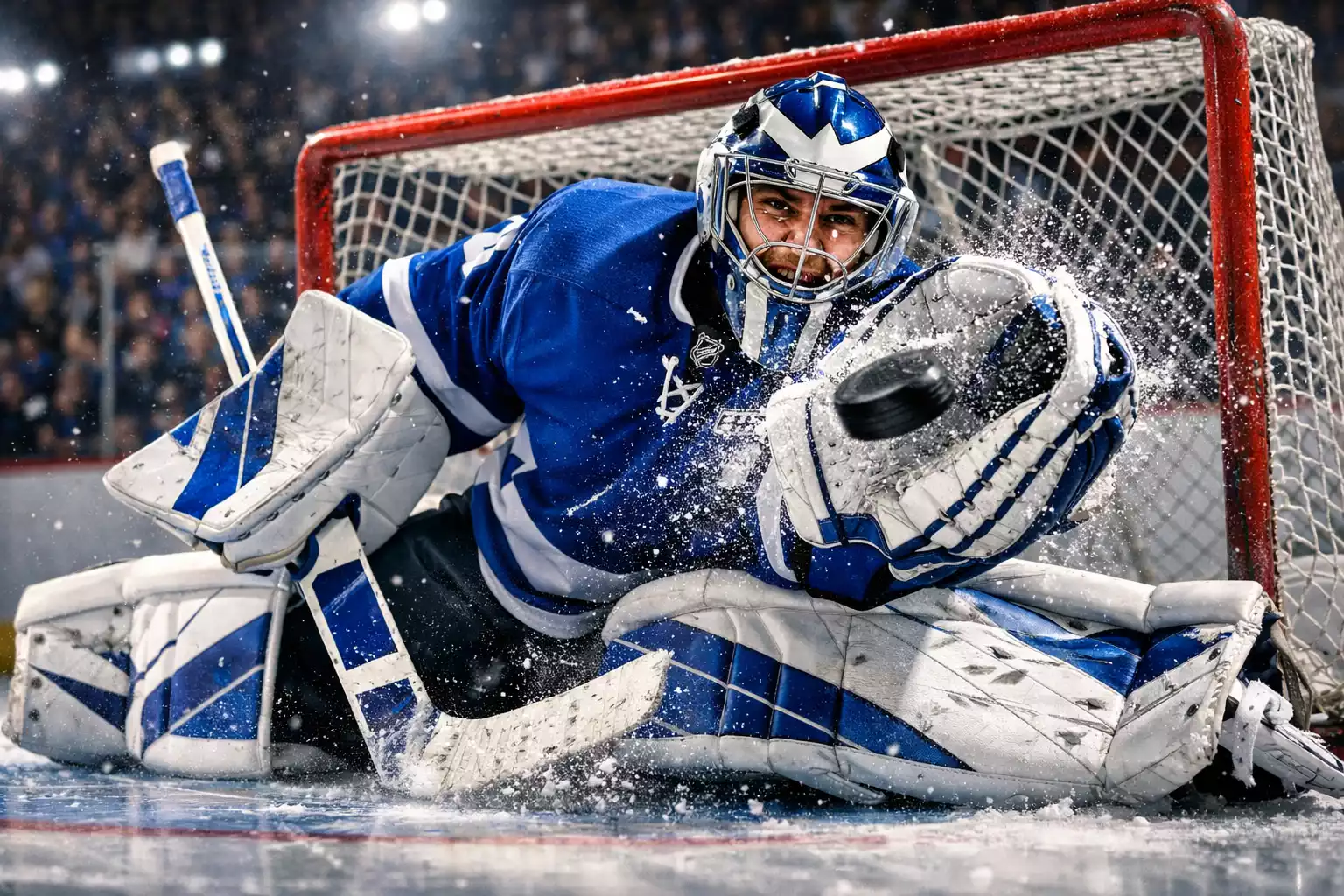 NHL goaltender making a spectacular glove save with ice spray and dramatic arena lighting
