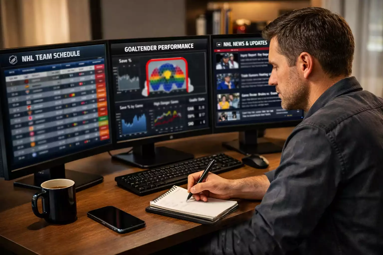 Sports researcher monitoring multiple screens with hockey data and statistics