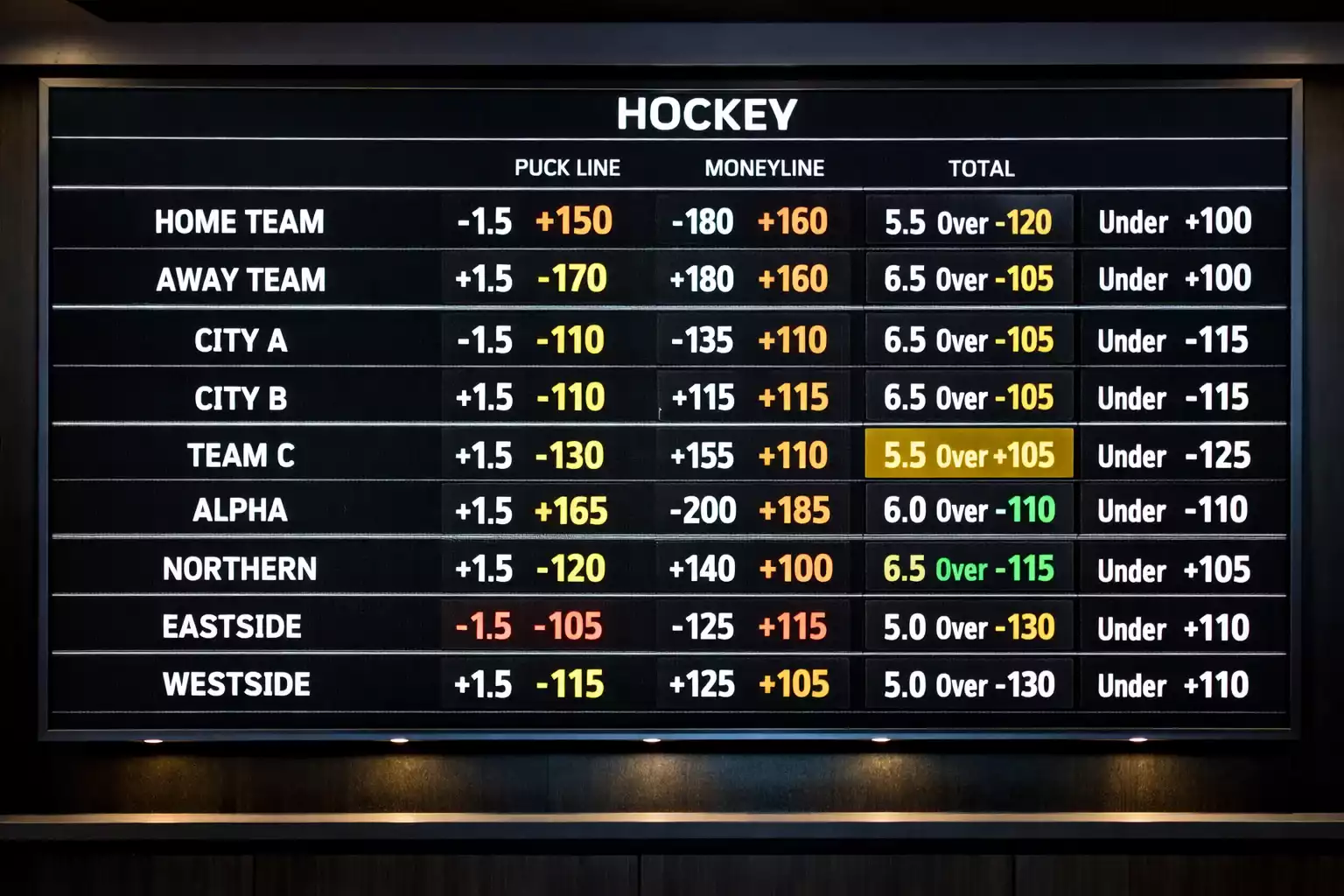 Digital sportsbook display showing hockey betting lines and odds