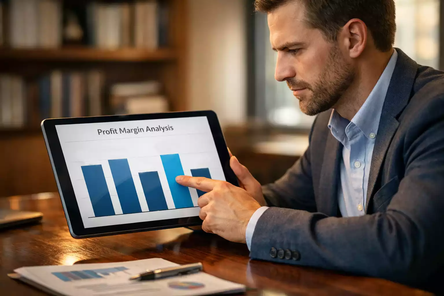 Business professional reviewing profit margins and betting analytics on tablet
