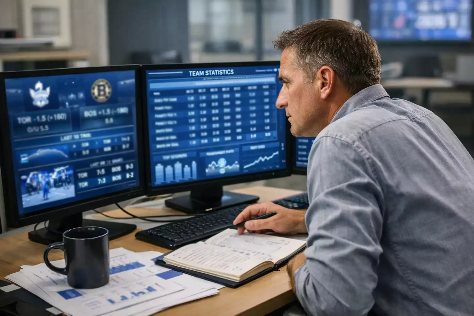 Sports analyst studying NHL statistics and team data on multiple screens